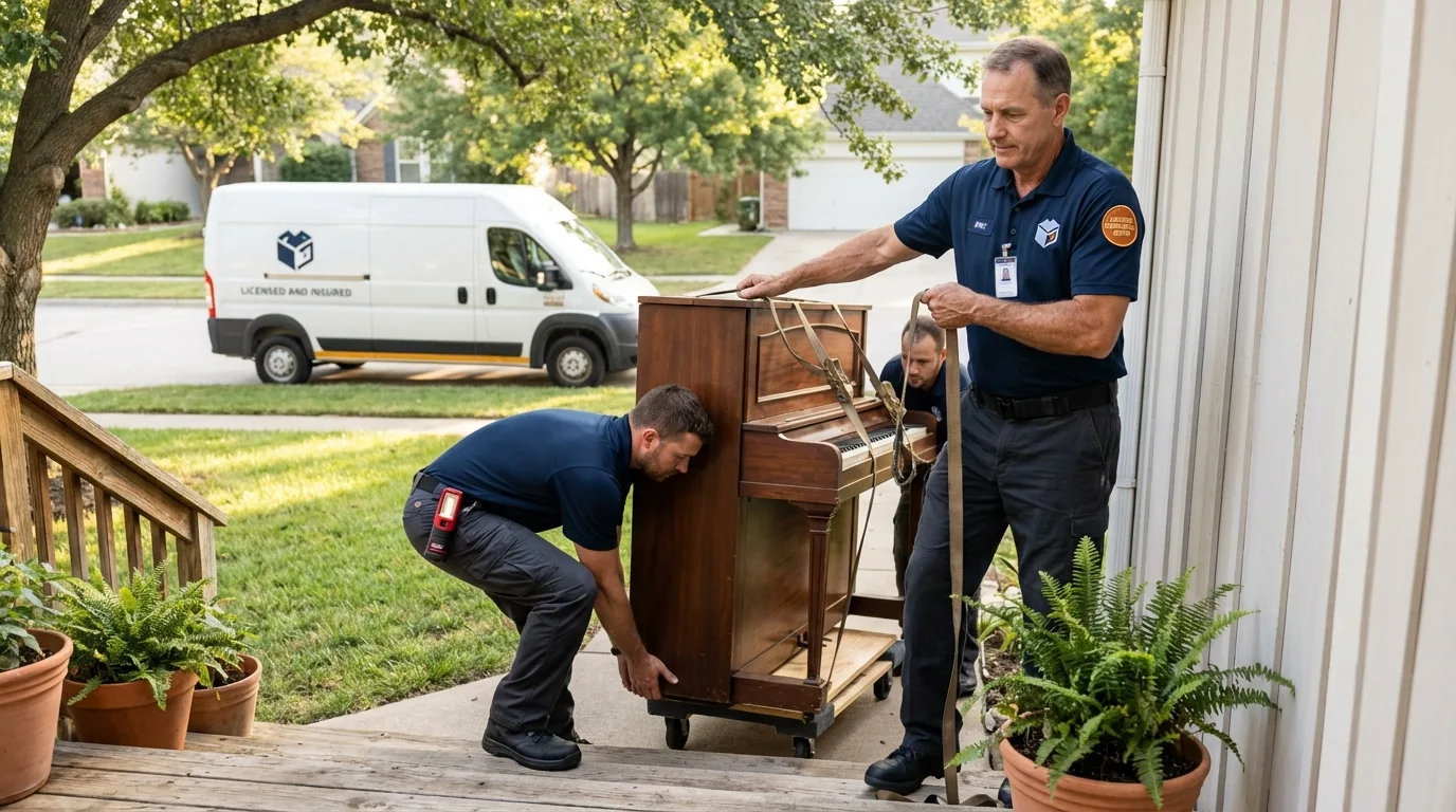 Licensed piano movers securing grand piano in Marion, IA