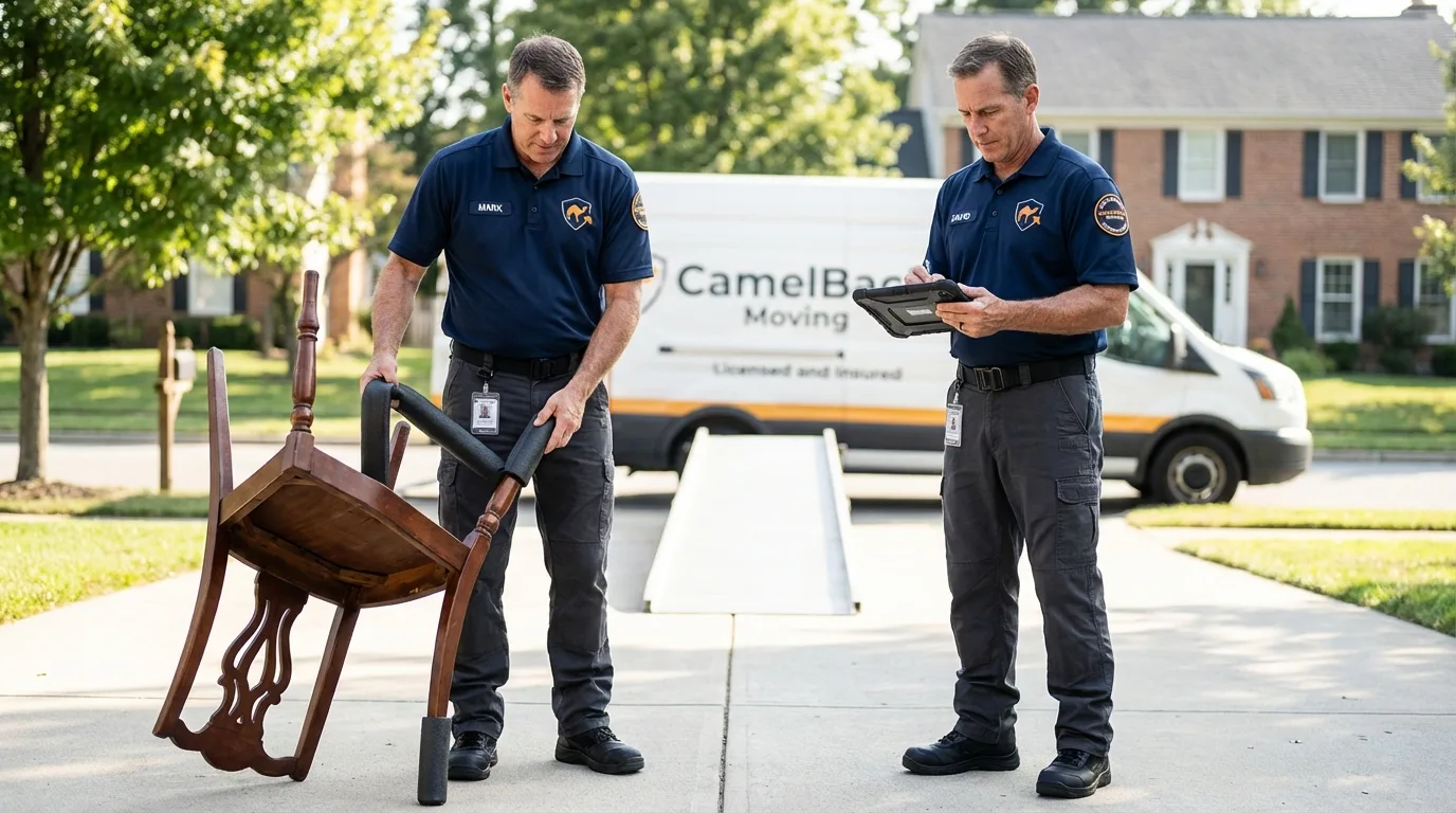 Movers inspecting furniture for damage prevention before loading in Marion, IA