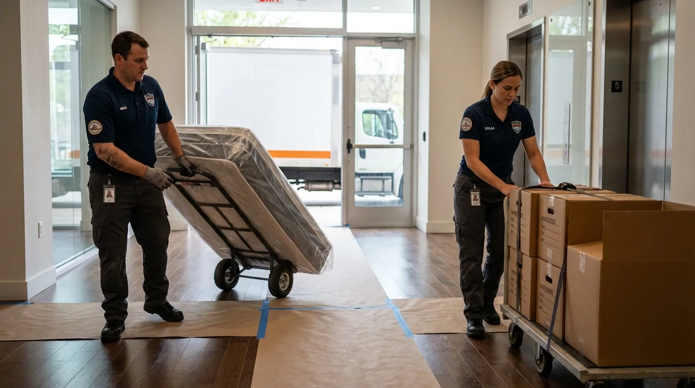 Professional apartment movers loading elevator in Marion, IA