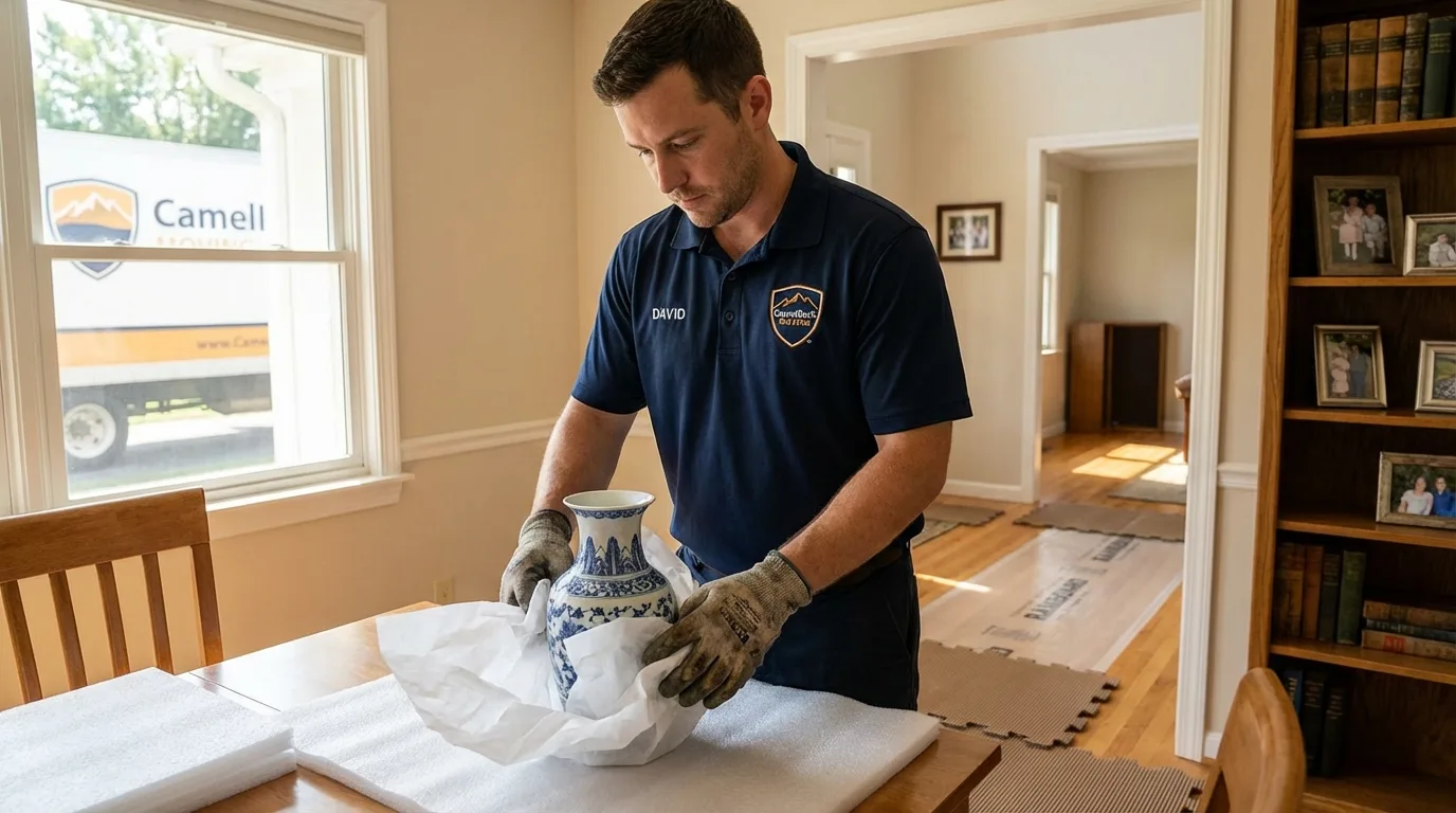 Professional crew carefully wrapping antique vase for senior downsizing move in Marion, IA